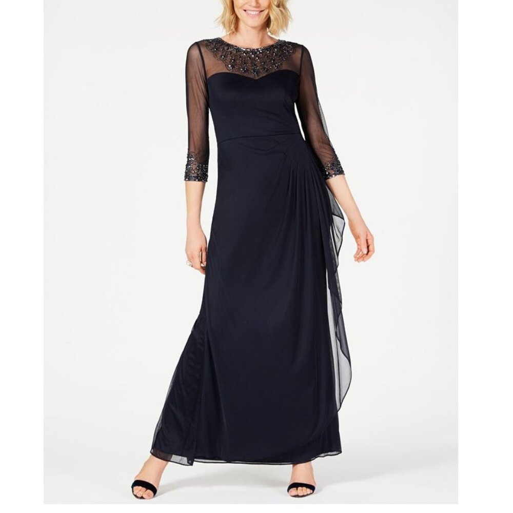 Alex Evenings | Illusion Embellished A-Line Gown | Navy Blue | Size 18W